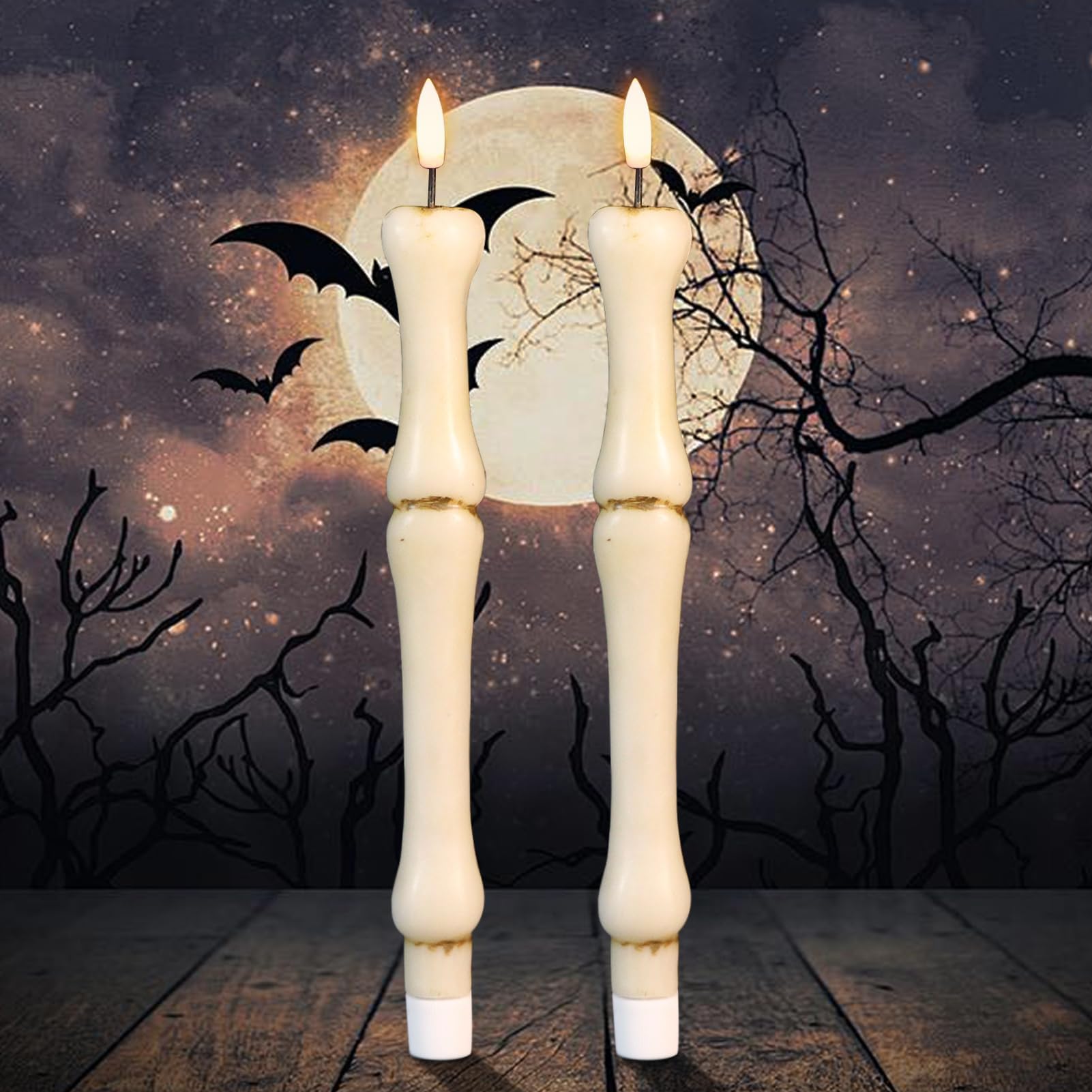 GenSwin 2 Pack Bone LED Taper Candles, Battery Operated with 6H Timer, Flickering Flame for Halloween Decorations