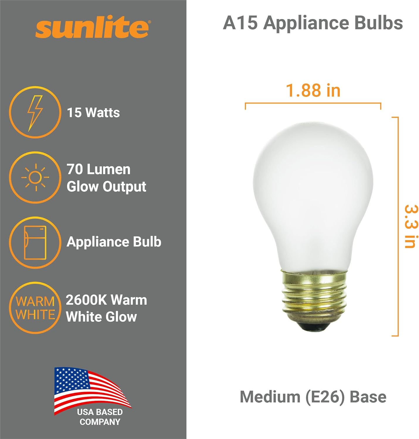 Sunlite 41622 Incandescent Appliance A15 Light Bulb, 15 Watts, 70 Lumens, Medium Base (E26), Dimmable, Mercury Free, 2600K Warm White, Frost, 24 Count
