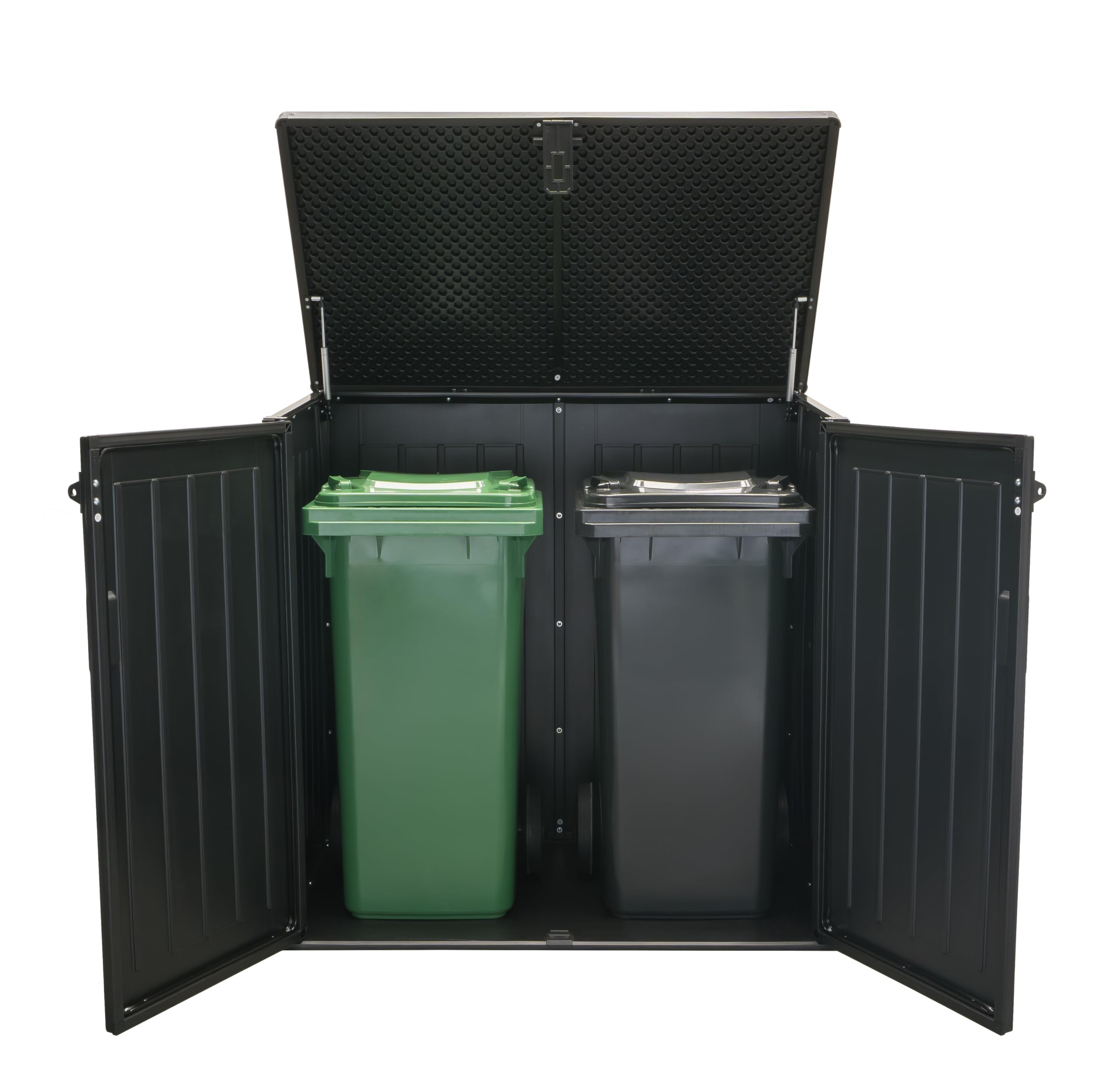 Koll Living Mülltonnenbox Soraya mit 775 Liter aus Kunststoff in Holzoptik – abschließbar, wetterfest, UV-beständig, mit Gasdruckfedern – Schwarz/Grau