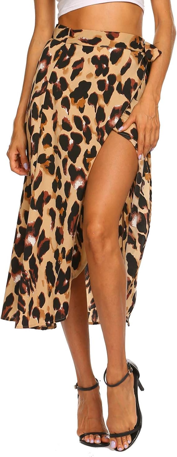 Newchoice Women's Boho Leopard Skirt High Low Split Summer Beach Midi Wrap Skirts