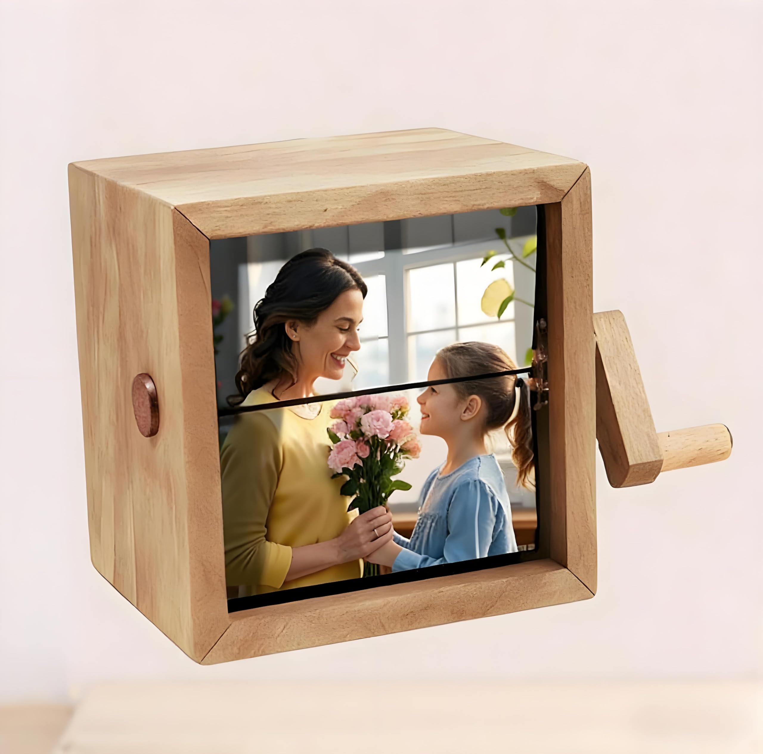 CUSTNEY Custom Photo Flip Box, Hand-crank Flipbook Box Album, Personalized Photo Flip Box Frame Animation Machine, with Text Light and Music, Gifts for Mother's Day Mum Grandma (Natural Wood)