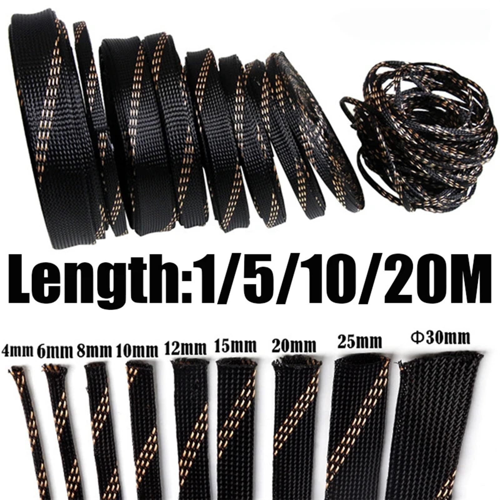 Gaine Cable Manchons tressés isolants 1/5M/10/20M Noir + Or 4/6/8/10/12/15/20/25mm Protection de Fil Câble Gaine tressée hautement Extensible(20mm,20M)
