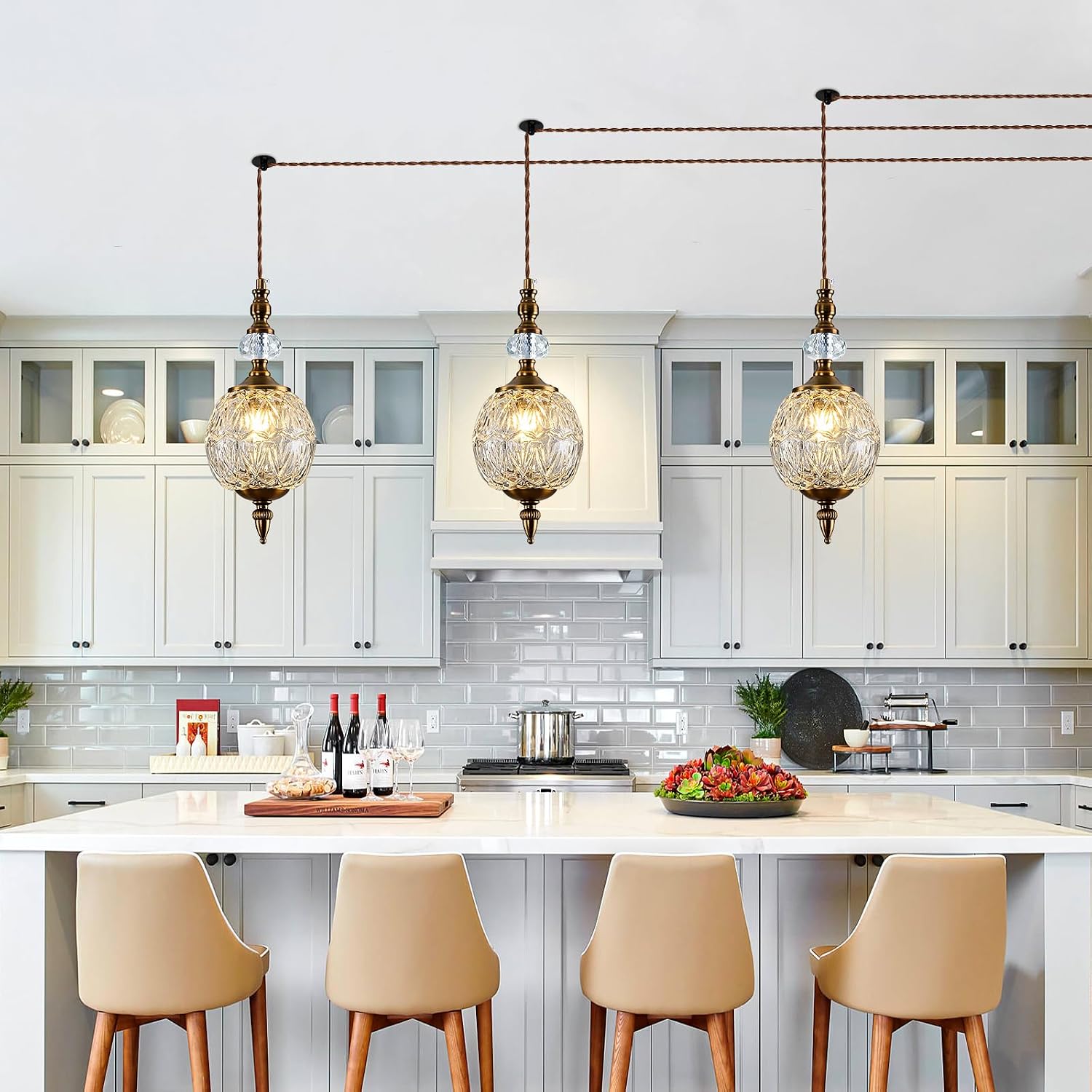 Piepooye Vintage Plug in Glass Pendant Light Antique Brushed Gold Chandelier 4.72" Mini Adjustable Hanging Ceiling Light Fixture for Kitchen Island Dining Room Bedroom Foyer Entryway