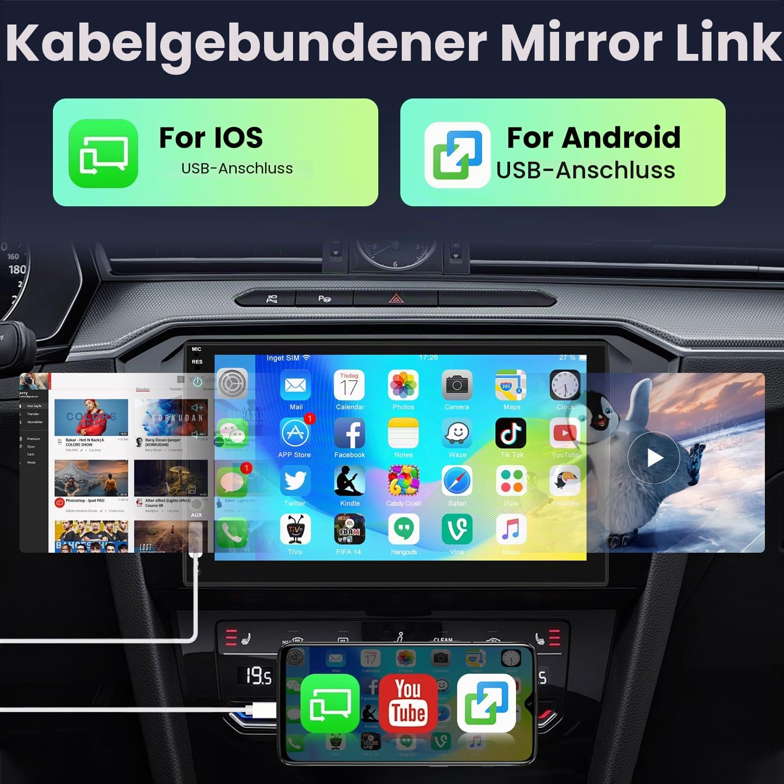 NHOPEEW 2 Din DAB Radio - 7 Zoll Autoradio unterstützt Wireless CarPlay Android Auto Mirror Link Lenkradsteuerung + 12 LED Rückfahrkamera