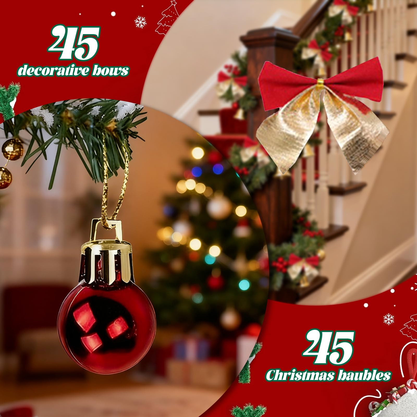 15 m lange Weihnachtsgirlande mit 45 Weihnachtsschleifen, 45 Weihnachtskugeln, Dekoration, künstliche Kieferngirlande für den Innen- und Außenbereich, Haus, Garten, Urlaub, Hochzeit, Party