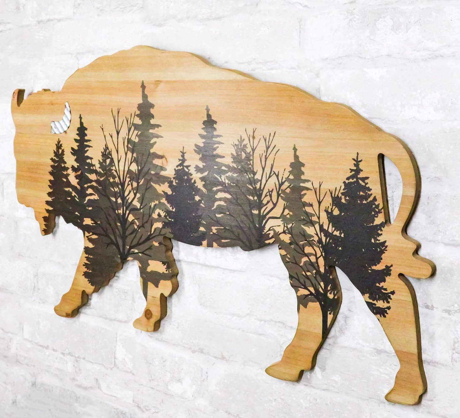 Ebros Gift Rustic Western Native American Bison Buffalo With Pine Trees Forest Silhouette Wooden Plank Cutout Wall Art Decor Sculpture Wildlife Forest Cabin Decor Accent