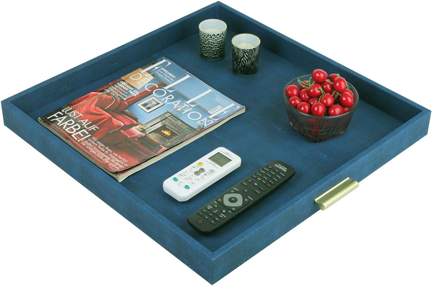 HofferRuffer Elegant Decorative Serving Tray, 20"x20" Square Faux Leather Ottoman Tray with Gold Hardware Handles, Coffee Table Serve Tea, Coffee or Breakfast (Navy Blue) - Image 4