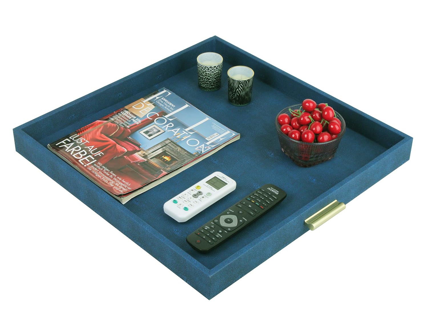 Extra Large Square Ottoman Serving Tray - Faux Leather With Gold Handles For Coffee, Breakfast In Bed, Navy Blue Shagreen - View #10