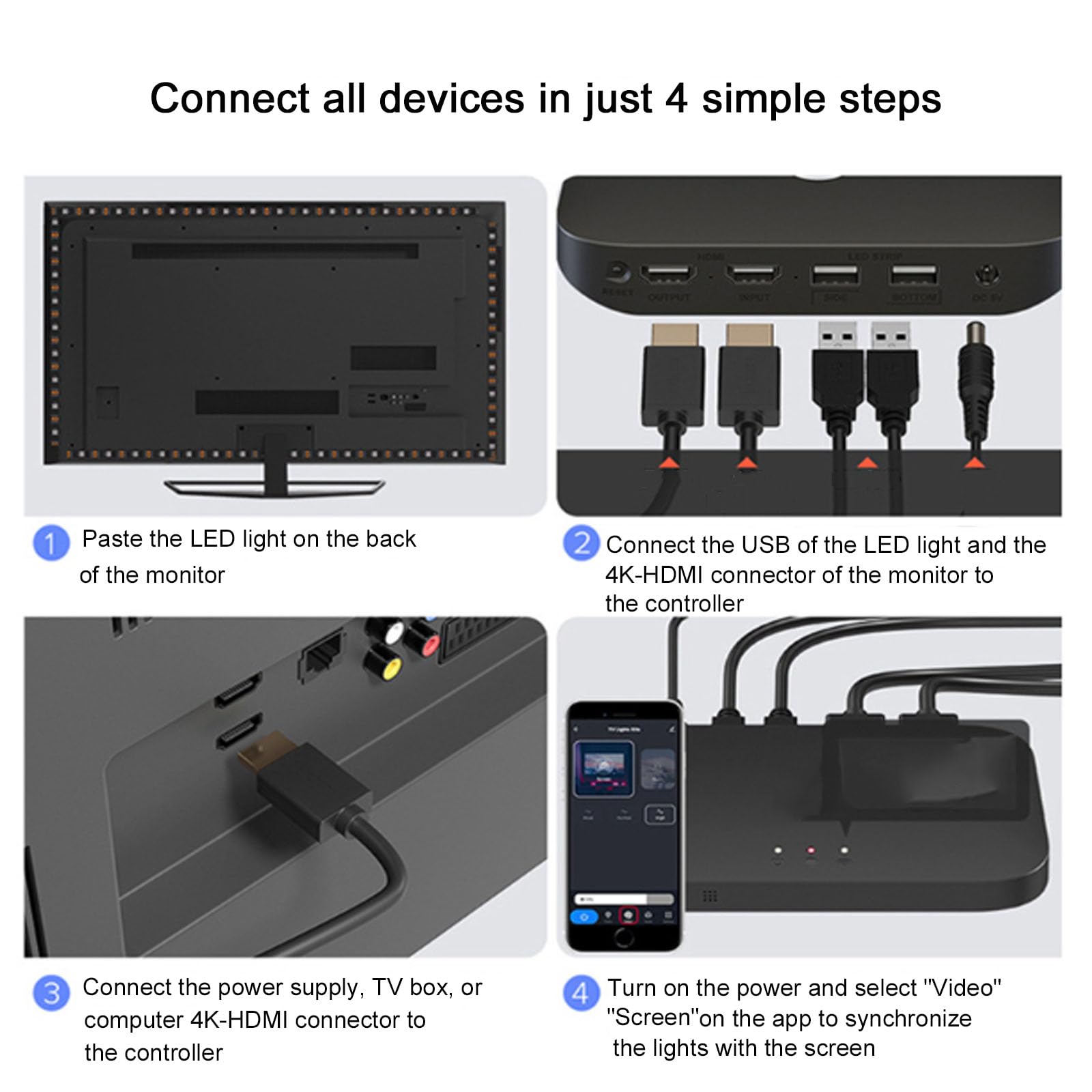 Retroiluminación LED de TV con caja de sincronización HDMI para televisores de 42 a 158 pulgadas, tira de luz LED inteligente para TV, música y juegos, luz de TV de sincronización de color de música,