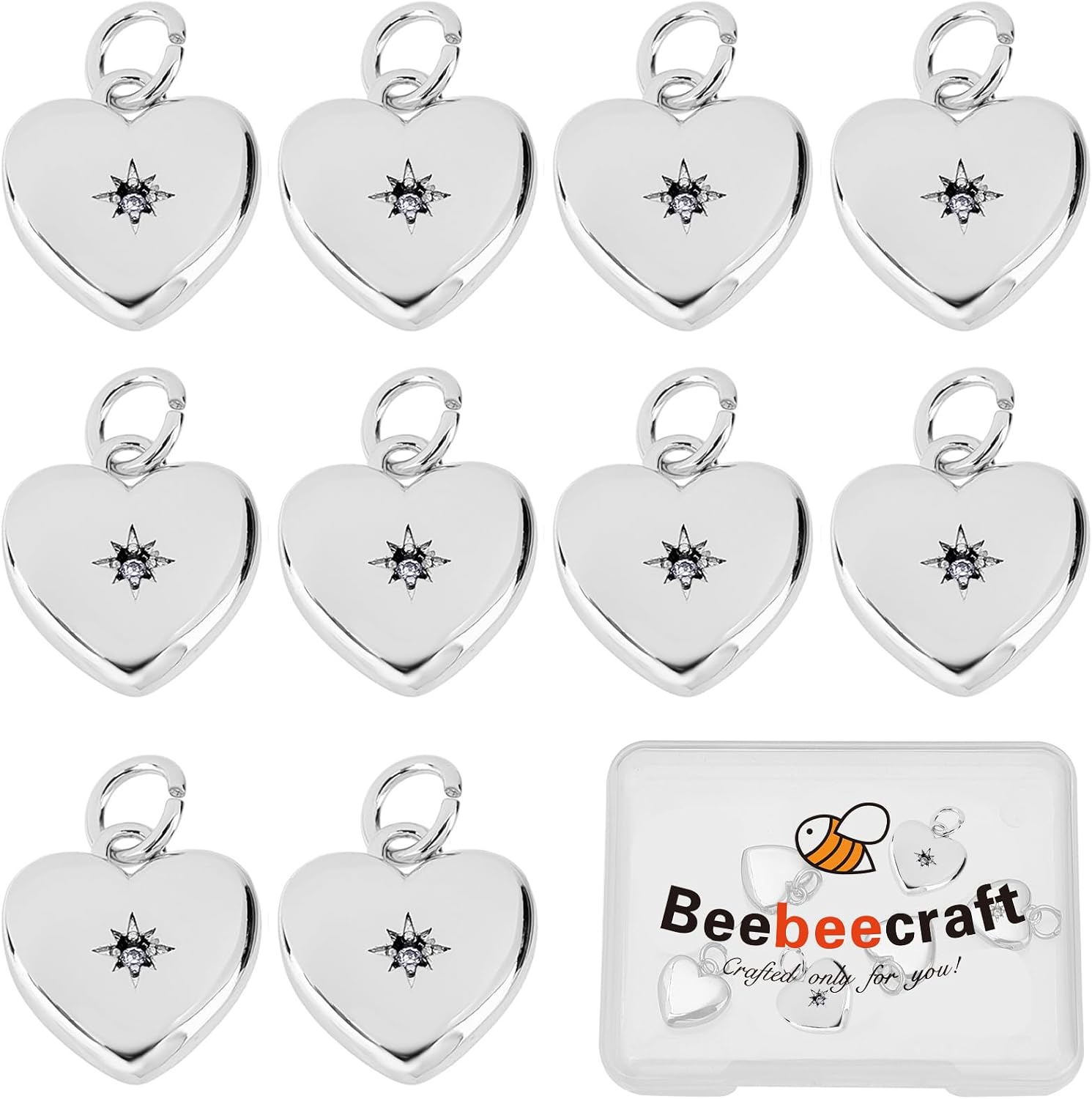Beebeecraft 1 Box 12Pcs Platinum Plated Heart Charms Small Love Heart with North Star Charms Cubic Zirconia Dangle for Jewelry Making Valentine DIY Crafts
