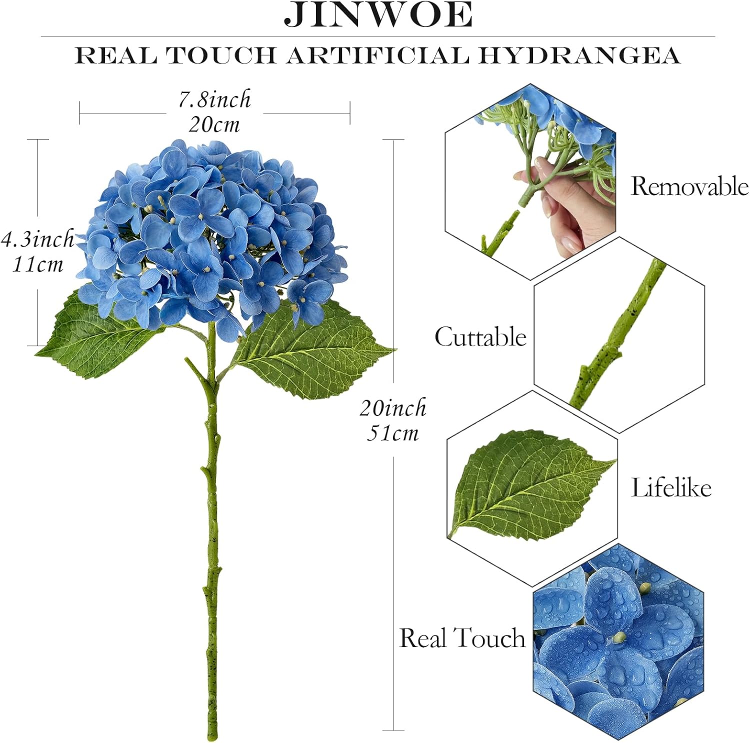 Savoy Blue Boho Artificial Hydrangeas Flowers, 4Pcs 20" Real Touch Lifelike Silk Artificial Hydrangeas, Full Fake Flowers for Bouquets Table Centerpieces Spring Wedding Indoor Home - Image 5