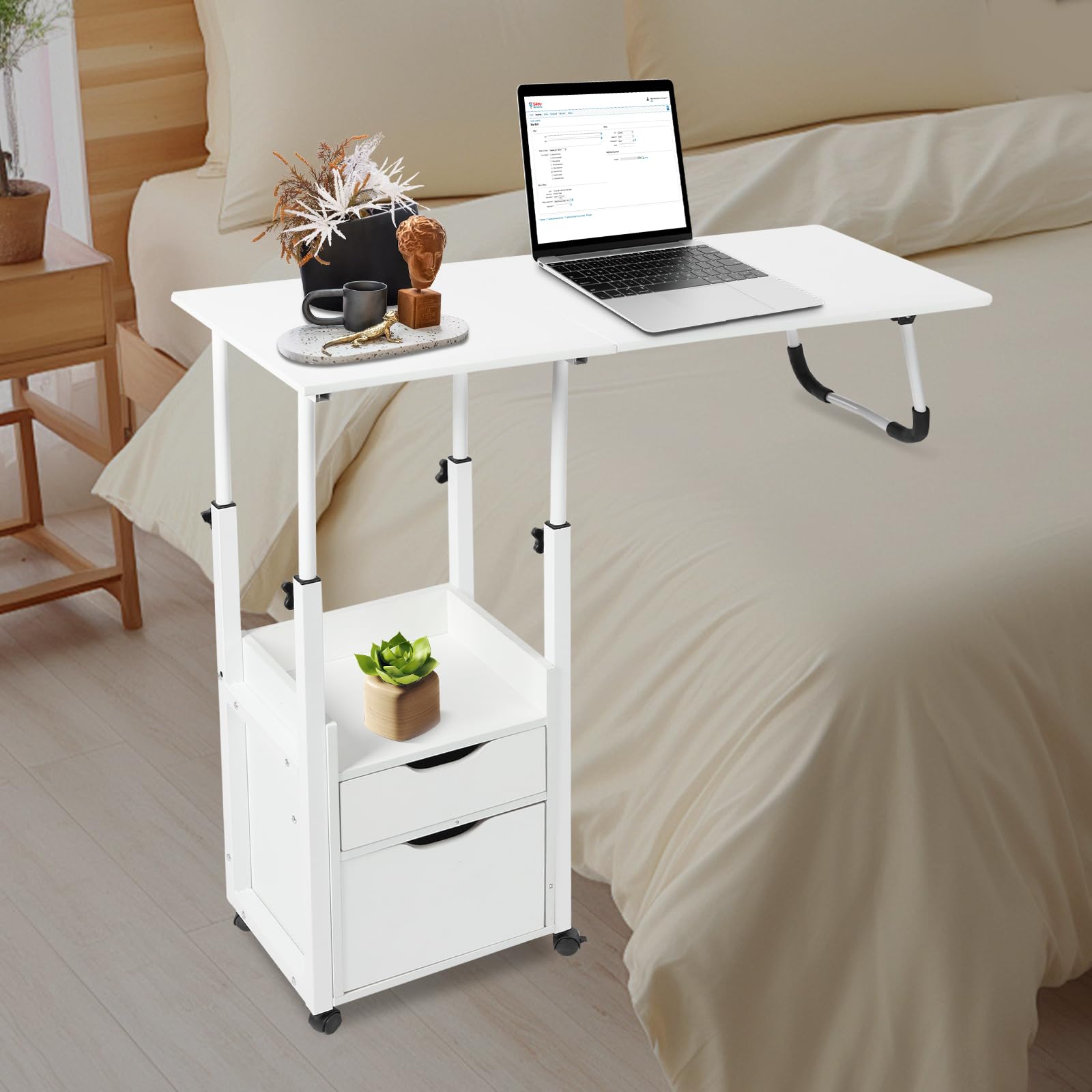 Betttisch mit Rollen und Bremse, Mit Schließfächern und Schubladen, Laptoptisch und klappbar, Beistelltisch für Bett und Sofa, 70-88cm Höhenverstellbar, Gesamtbelastbarkeit 20kg (Weiß)