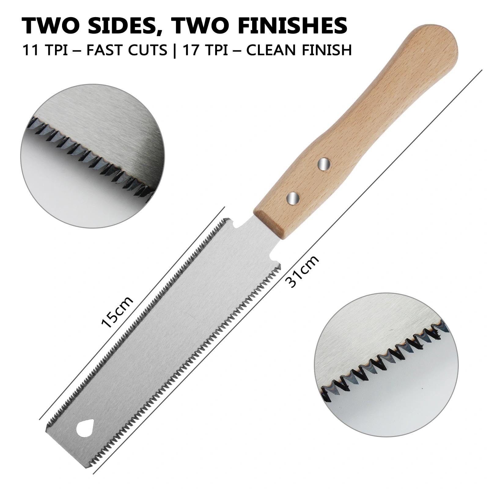 Sega A Trazione Doppia 11/17 TPI – Lama SK5 310mm Con Manico In Faggio –Kerf 1,1mm Per Taglio Fine E Basso Strappo–Durezza 50 HRC/60 HRC – Falegnameria, Giardinaggio, Edilizia, Fai-da-te