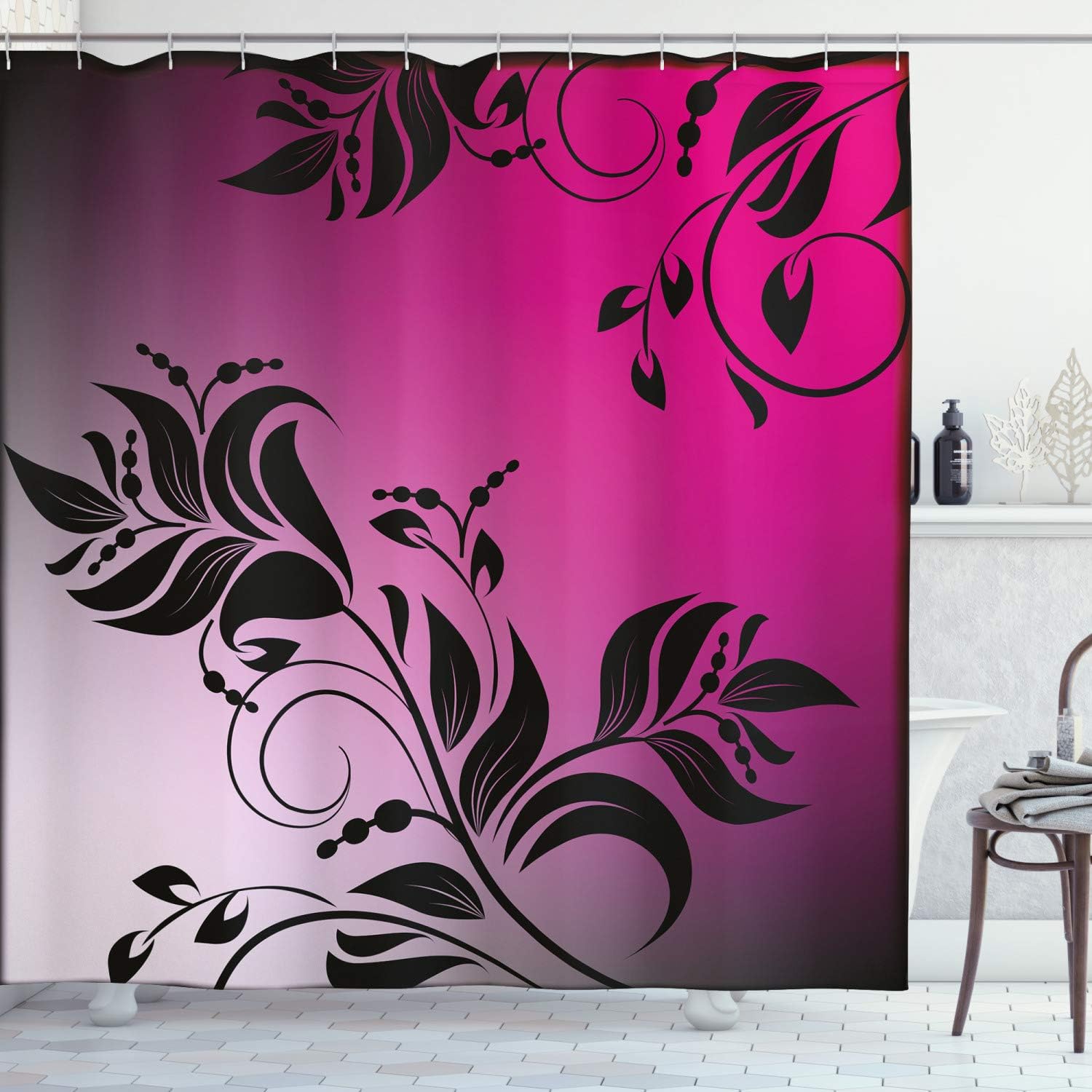 Ambesonne Floral Shower Curtain, Swirled Style of a Victorian Flower Branch Gradient Backdrop in The Vintage Style Modern Print Art, Fabric Bathroom Decor Set with Hooks, 69" W x 75" L, Magenta Black