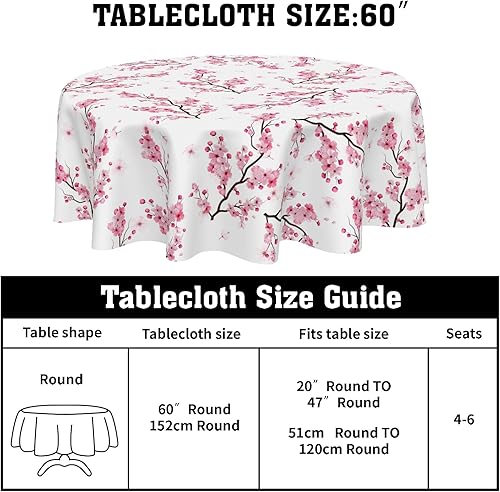 Miniatura 2 de Mantel redondo de ramas de cerezo de 60 pulgadas, mantel floral rosa vintage, lavable, para primavera y verano, para cocina, comedor, vacaciones,