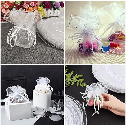 Miniatura 5 de SKYPRO 50 bolsas de organza blanca de 13.8 pulgadas con cordón, bolsas de joyería, bolsas de regalo de boda, fiesta de Navidad