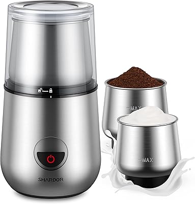 SHARDOR 2 in 1 Coffee Grinder and Milk Frother, Coffee Grinder Electric, Coffee Bean Grinder with Milk Frother for Latte, Cappuccinos, 3.5oz Bean Capacity,4.7oz Milk Capacity, Stainless Steel (2 Bowl)