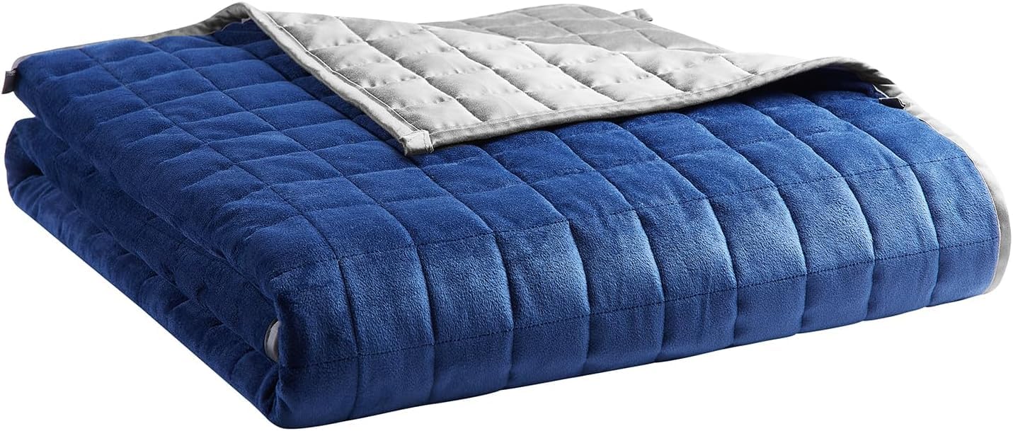 YNM Cooling & Cozy Velvet Dual-Sided Weighted Blanket,Smallest Compartments with Glass Beads,(Blue/Grey,152CMx203CM,6.8Kg) Suit for One Person Use on Double & King Bed,Four Seasons Use