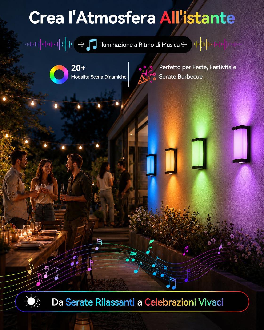 Meevt Lampade da Esterno RGBCW IP65, Smart Applique da Parete Interno, 1 Pz | 1800LM, Illuminazione a 3 Lati, Lampade con Alexa e Google Assistant, Controllo App / Telecomando, Balconi Giardini Garage