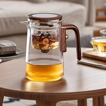 Magic Tea Pot with Infuser - Water Separation Glass Teapot for Separate The Teawater, Ergonomic Wood-Effect Silicone Grip Design, and Versatile Brewing of Tea and Coffee (800ml)