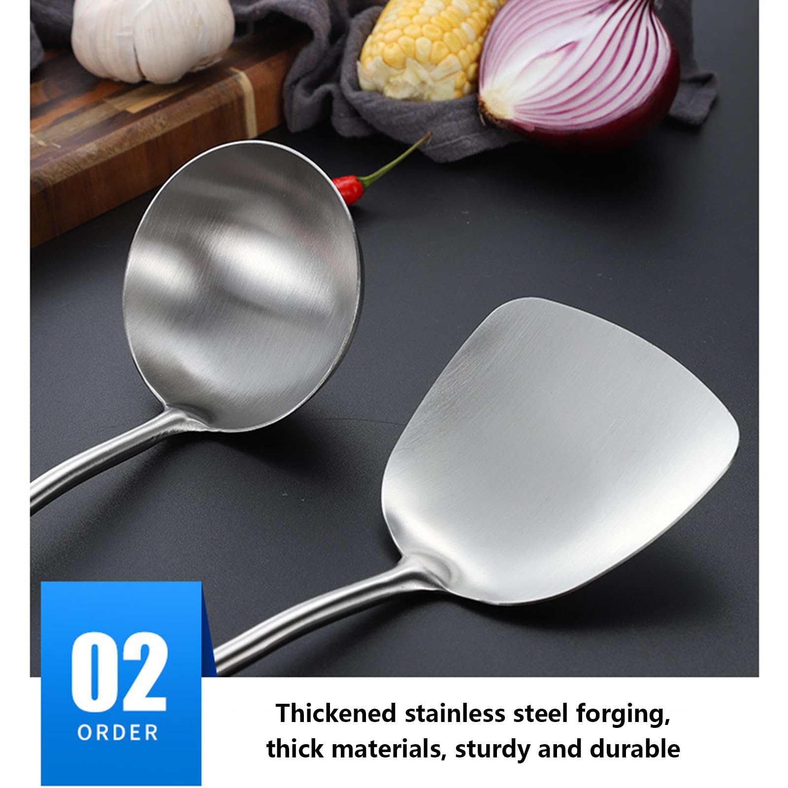Ensemble d'ustensiles de cuisine en acier inoxydable avec support, poignées en bois isolées thermiques, passe au lave-vaisselle, 7 pièces