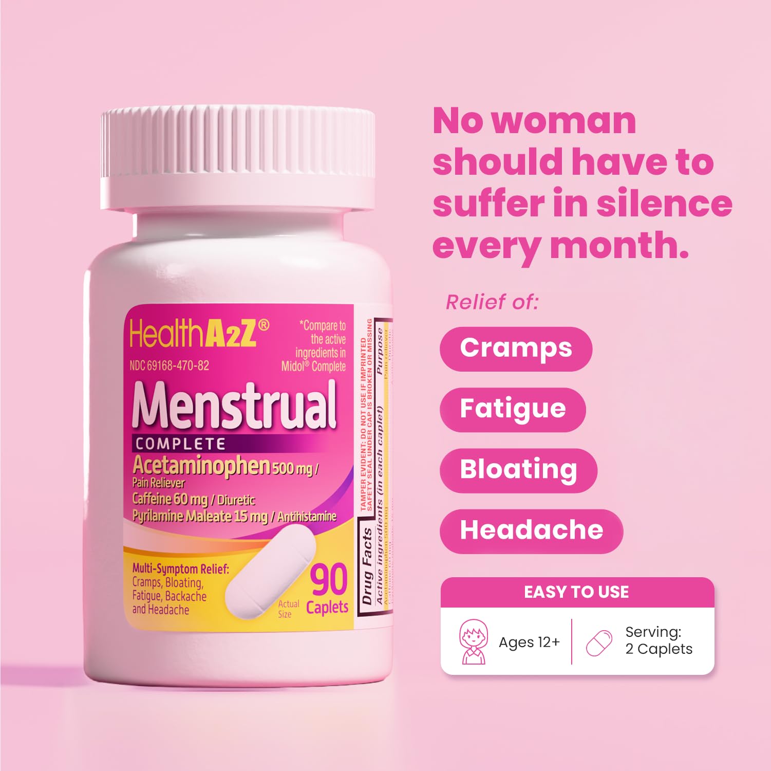 HealthA2Z® Menstrual Complete Pain Relief Tablets | Relieves Cramps, Bloating, Fatigue, Backache & Headache (90 Counts) — Amazon image 2