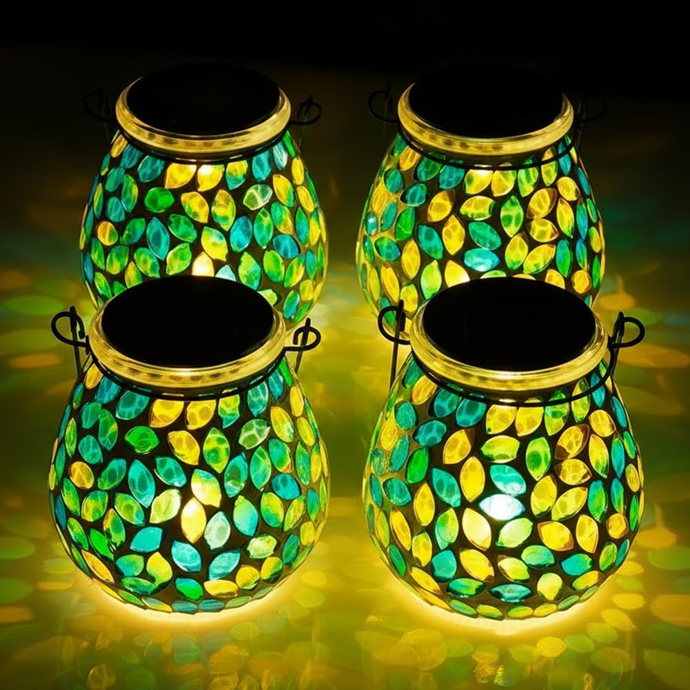 Starsoul 4 Pack Solar Lanterns Outdoor Waterproof, Unique Green Mosaic Glass Solar Garden Lights, Decorative Outdoor Lantern for Outside Patio Pathway Porch Yard Table