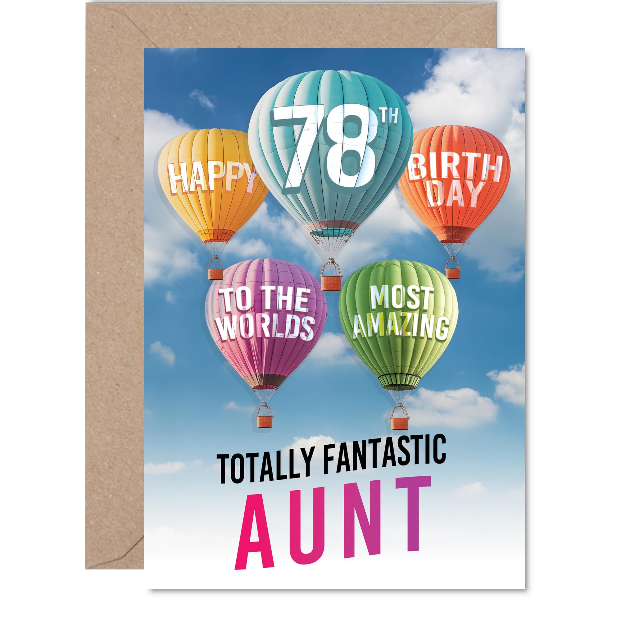 Auntie 78th Birthday Card - Most Amazing Hot Air Balloon - Happy Birthday Card for 78 Year Old Auntie from Nephew Niece, A5 Balloons Stars Bday Greeting Cards
