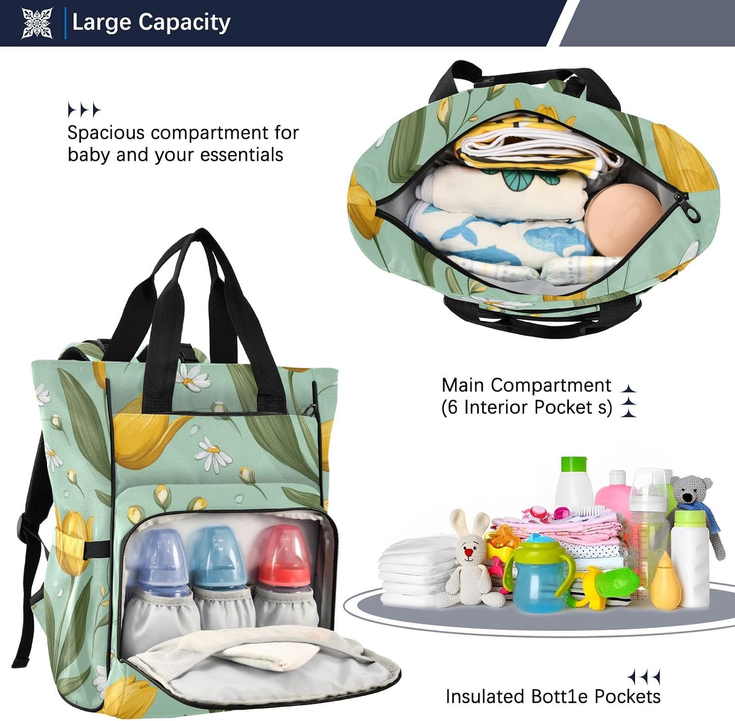 OTVEE Tulips and Daffodils Diaper Bags Backpack for Mom Dad, Multi-functional Diaper Nappy Bag Travel Back Pack,Waterproof Maternity Changing Bag Baby Stuff