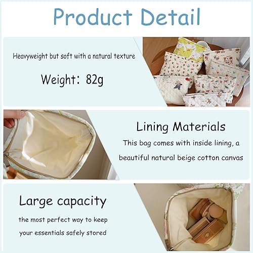 Miniatura 3 de uekeboag Bolsa de maquillaje acolchada de algodón con diseño de animales para mujeres y niñas, bolsa acolchada con cierre de cremallera, bolsa