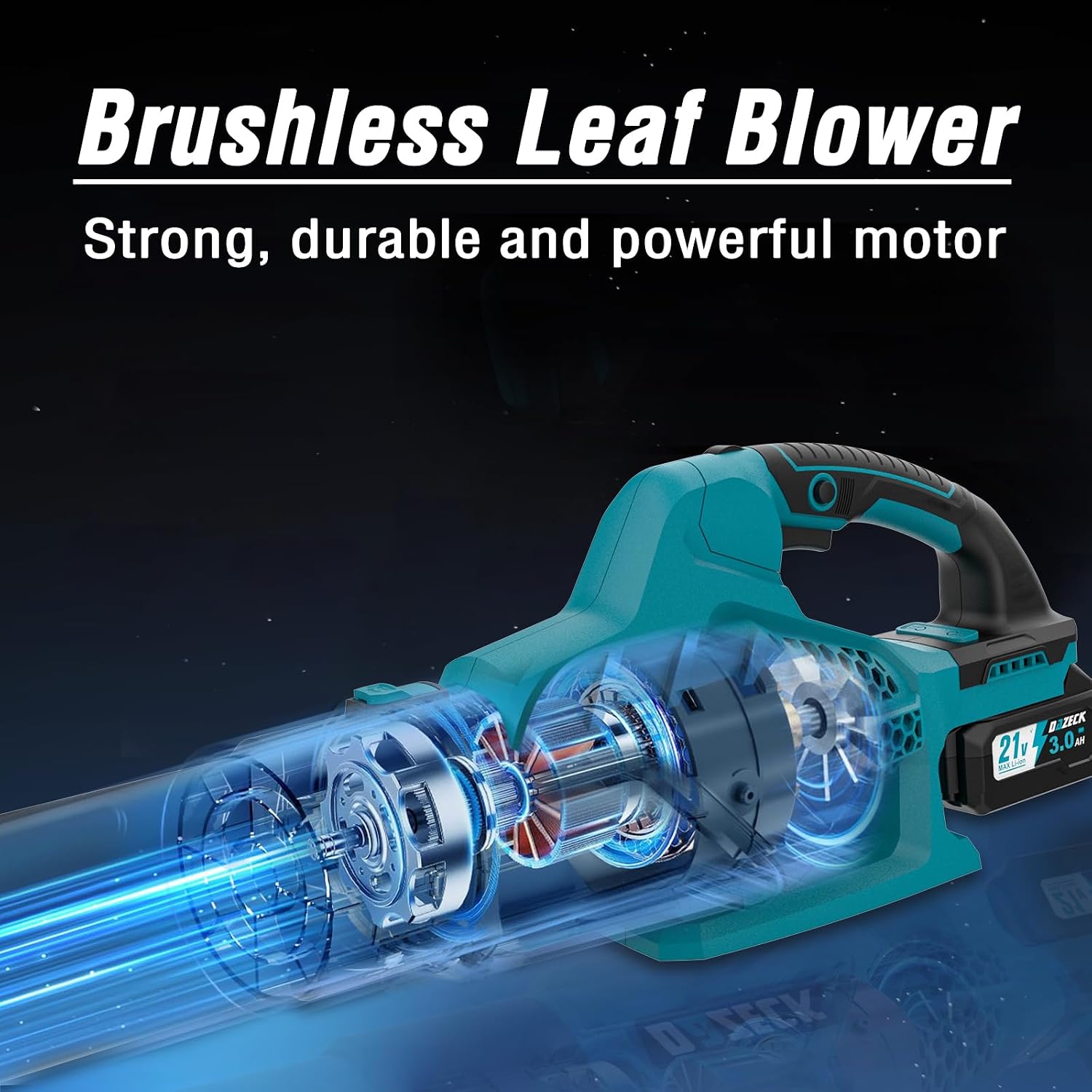 Collage of images showing the DAZECK leaf blower being used for various tasks: blowing leaves, blowing snow, blowing grass clippings, and blowing dust.