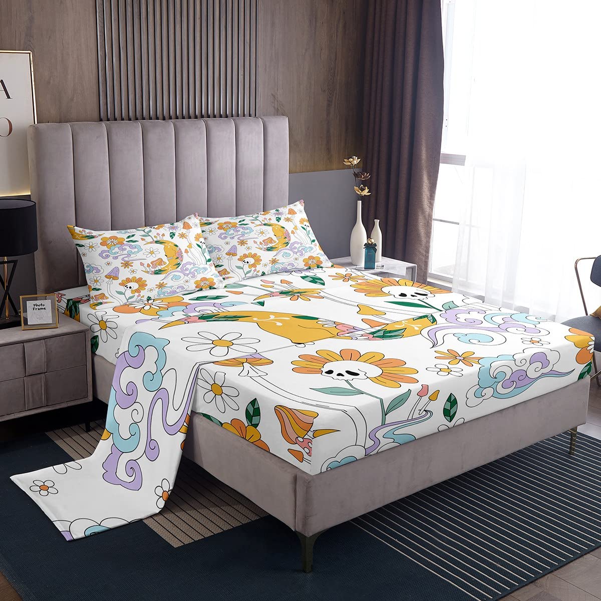 Feelyou Psychedelic Floral Sheet Set for Groovy Flower Skull Print Sheets with Deep Pocket Fitted Sheet 60S 70S