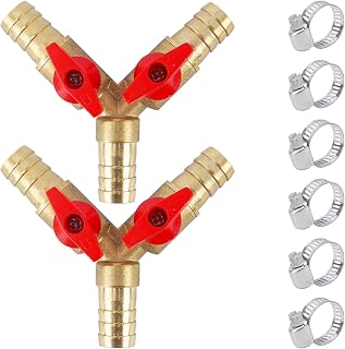 2 Piezas 12mm Valvula Antiretorno Agua, Latón 3 Vías Conector Manguera, Válvula de Grifo con 6 Abrazaderas de Manguera, Válvula de Bola para Agua, Aceite y Gas para Riego de Jardín