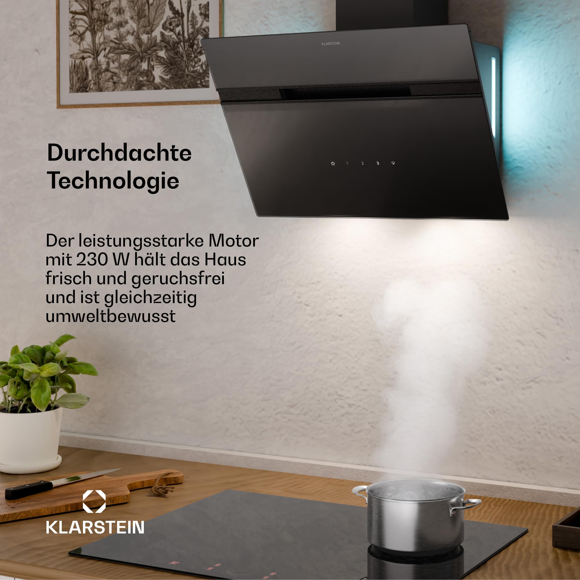 Klarstein Dunstabzugshaube Alina 60 cm Wandhaube 600 m³/h Energieeffizienzklasse A LED-Beleuchtung Touch-Bedienfeld Schwarz