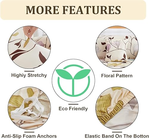 Miniatura 5 de Mybedsoul Funda de sofá biplaza con estampado floral para sofá de 2 cojines, funda elástica y lavable con estampado de flores beige, protector de