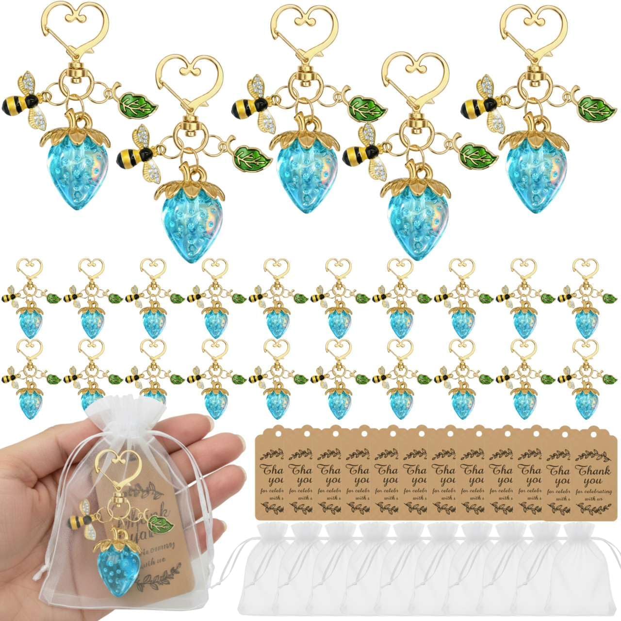 20 Sets Strawberry Keychains Bulk, with Enamel Bee and Leaf Charms, Berry Sweet Theme Gifts for Party Favors, Baby Shower, Birthday, Wedding, Bridal Shower, Gift Bags Included(Clear Red)