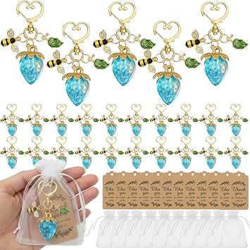 20 Sets Strawberry Keychains Bulk, with Enamel Bee and Leaf Charms, Berry Sweet Theme Gifts for Party Favors, Baby Shower, Birthday, Wedding, Bridal Shower, Gift Bags IncludedClear Blue