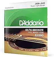 D'Addario Cordas de Guitarra – Cordas de Violão – Bronze 85/15 – Para Guitarra de 6 Cordas – Tom Completo, Brilhante – EZ890 – Super Leve, 9-45