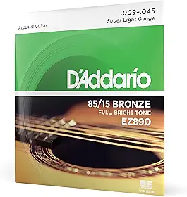 D'Addario Cordas de Guitarra – Cordas de Violão – Bronze 85/15 – Para Guitarra de 6 Cordas – Tom Completo, Brilhante – EZ890 – Super Leve, 9-45