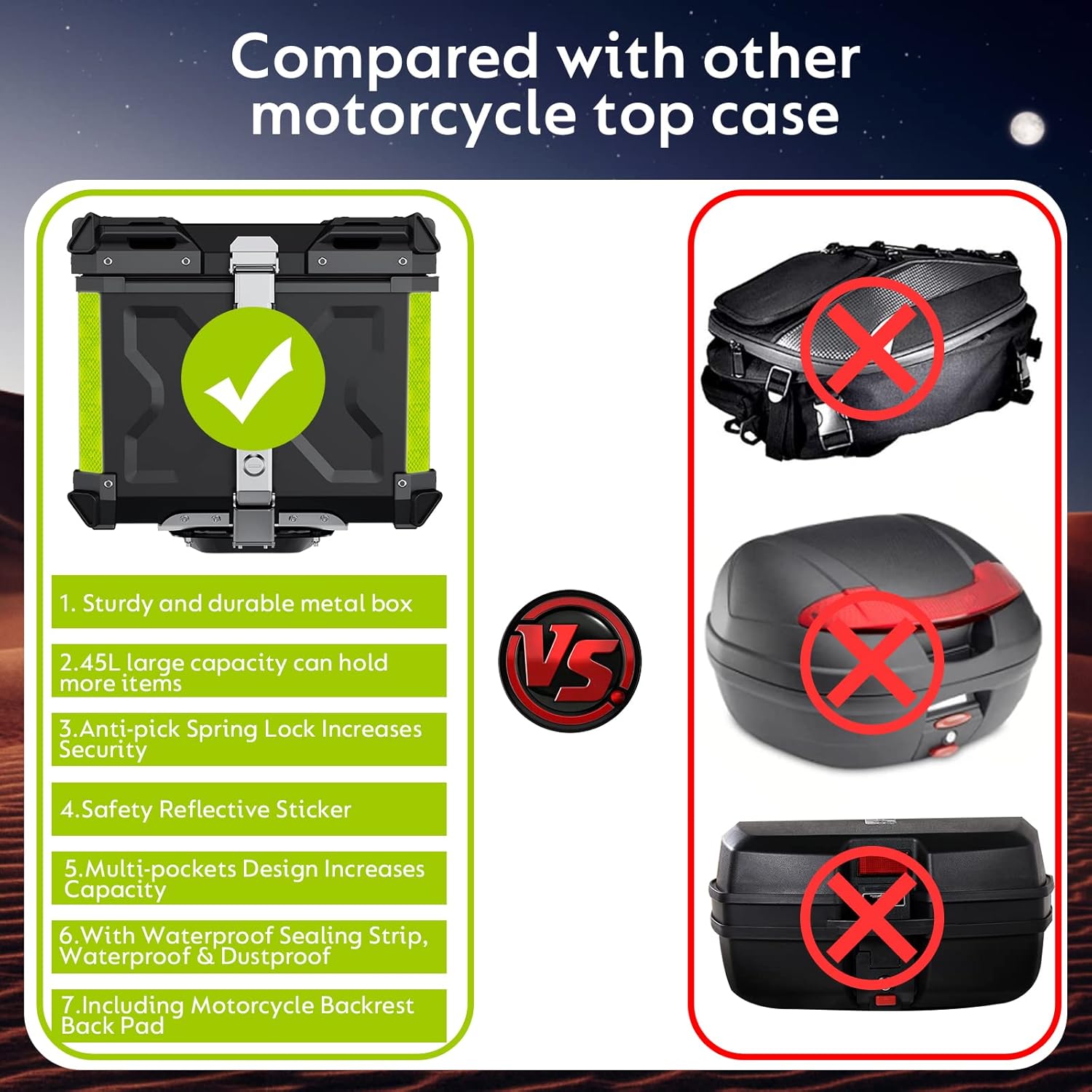 LESANM 45L Motorcycle Top Case, [Heavy Duty] Aluminum Universal Motorbike Tail Box Trunk Tour Storage with Security Lock for Helmet Luggage, Waterproof Motorcycle Top Box with Back Cushion - Black : Automotive