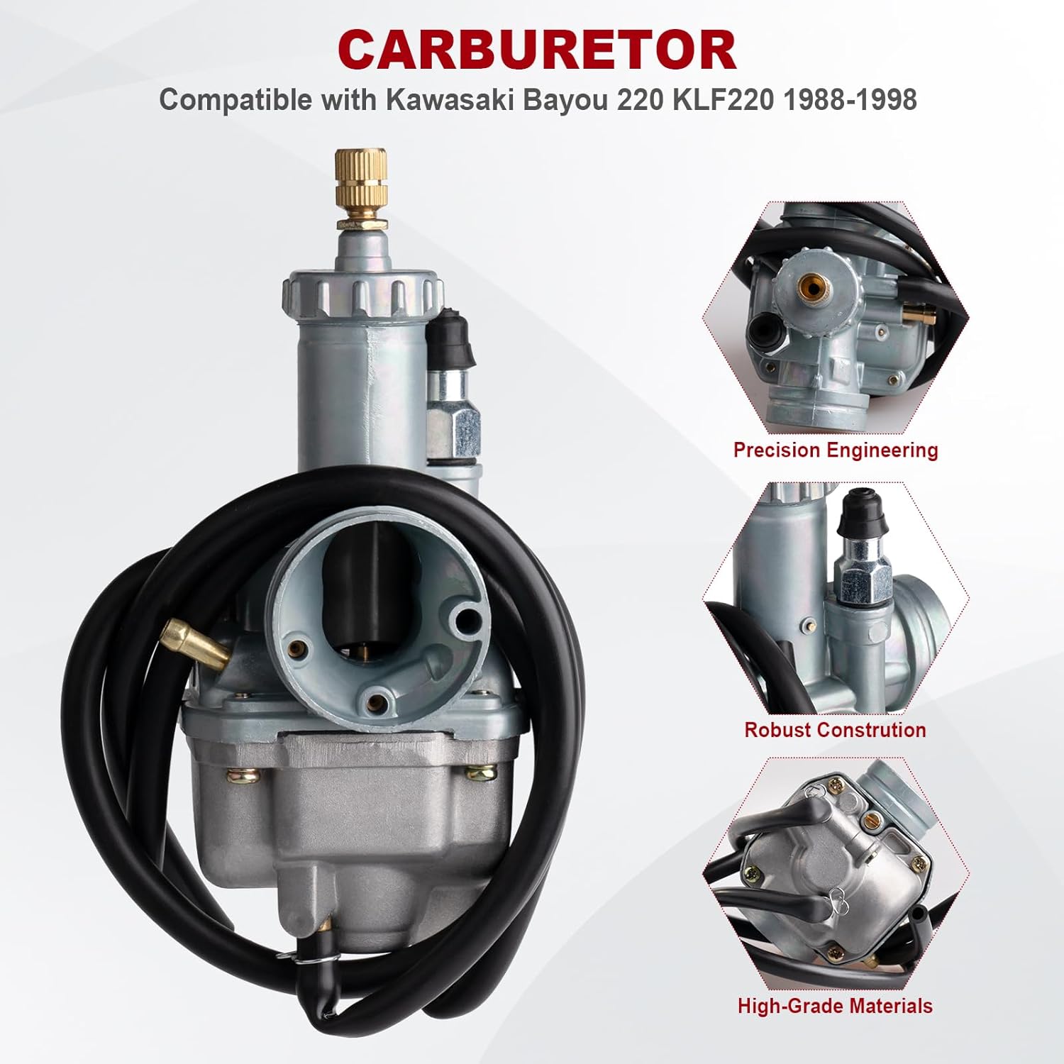 KLF220 Carburetor compatible with Kawasaki Bayou 220 KLF220 KLF220A 1988-1998,Bayou 250 KLF250 2003-2011 with Air Filter and Fuel Gas Petcock Valve Switch 15003-1080