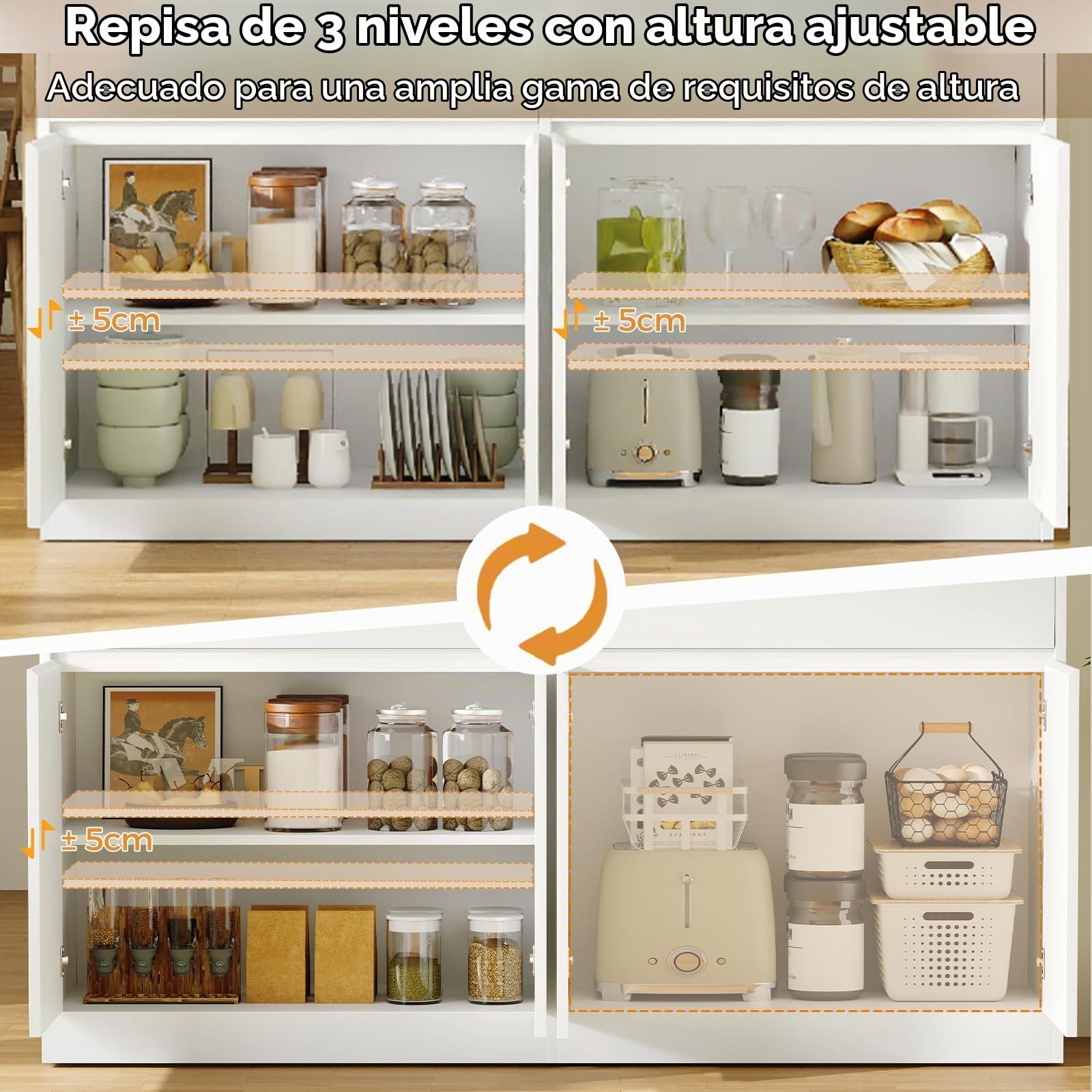 BEWISHOME Aparador Cocina, Aparadores para Salon con Toma de Corriente | 140x80x40cm mueble auxiliar de cocina, mueble cocina con 4 Puertas 2 Cajones y Estante Regulable para Salón Comedor Blanco