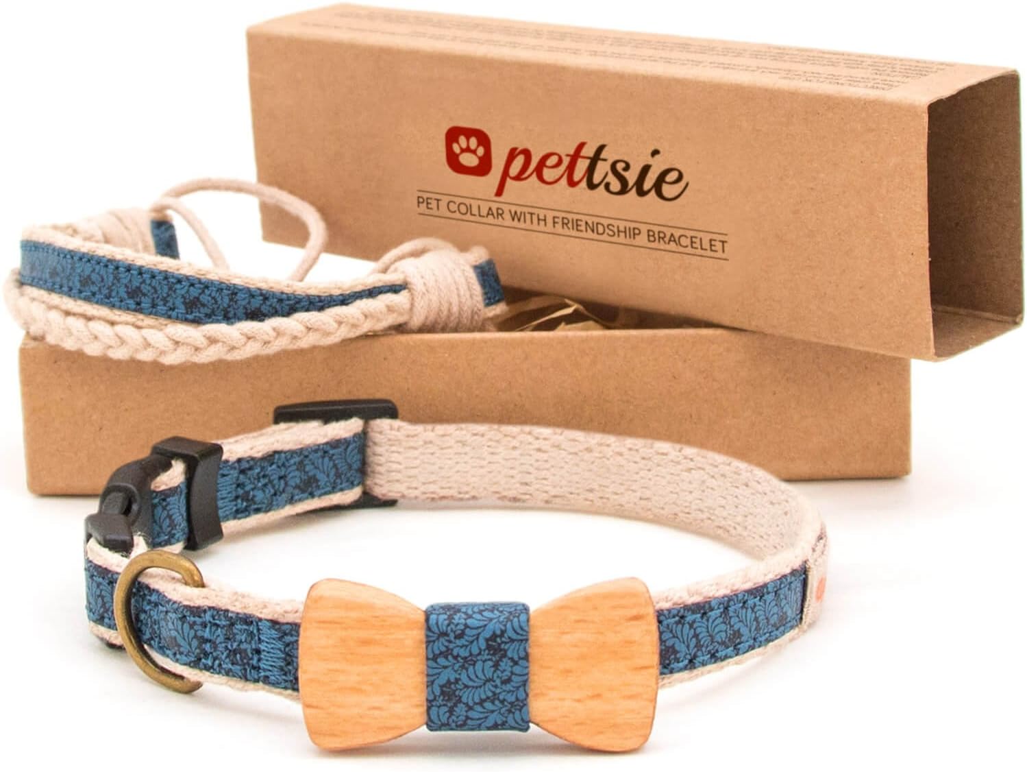 Pettsie Adjustable Dog Bow Tie Collar with Matching Owner Friendship Bracelet – Stylish & Durable Pet Accessory, Soft Hemp & Cotton, Secure D-Ring, Gift-Ready Set, Small, Blue