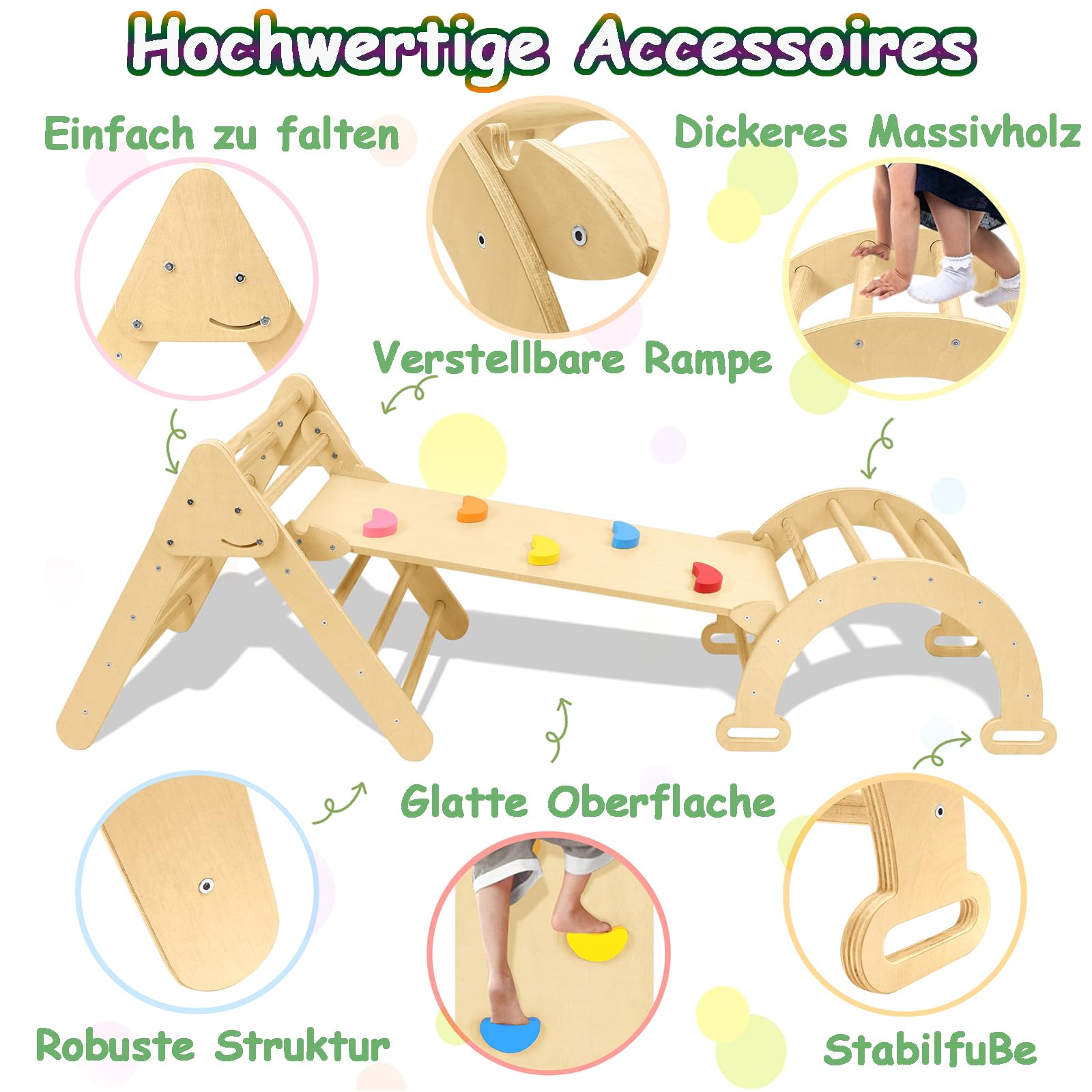 Aufun Klettergerüst Indoor Sprossenwand 3 in 1, Holz Kleinkind Klettergerüst Set, Kinder Pickler Dreieck, Baby Rutsche & Klettergerüste Indoor Spielgeräte für Kleinkinder ab 2-8 Jahr, ELC1072B