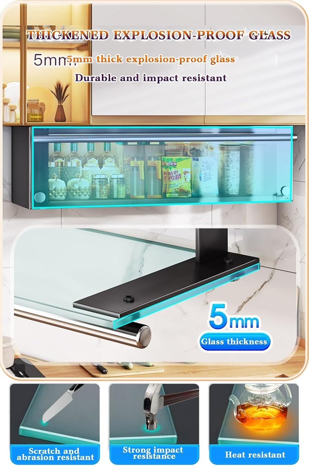 Kitchen Organizer Kitchen Storage Under Cabinet Spice Rack, 5mm Thick Explosion-proof Glass Cabinet Door, Multifunctional Hanging Wall Pull Down Shelf Holder for Bathroom Home (Color : Black, Size :