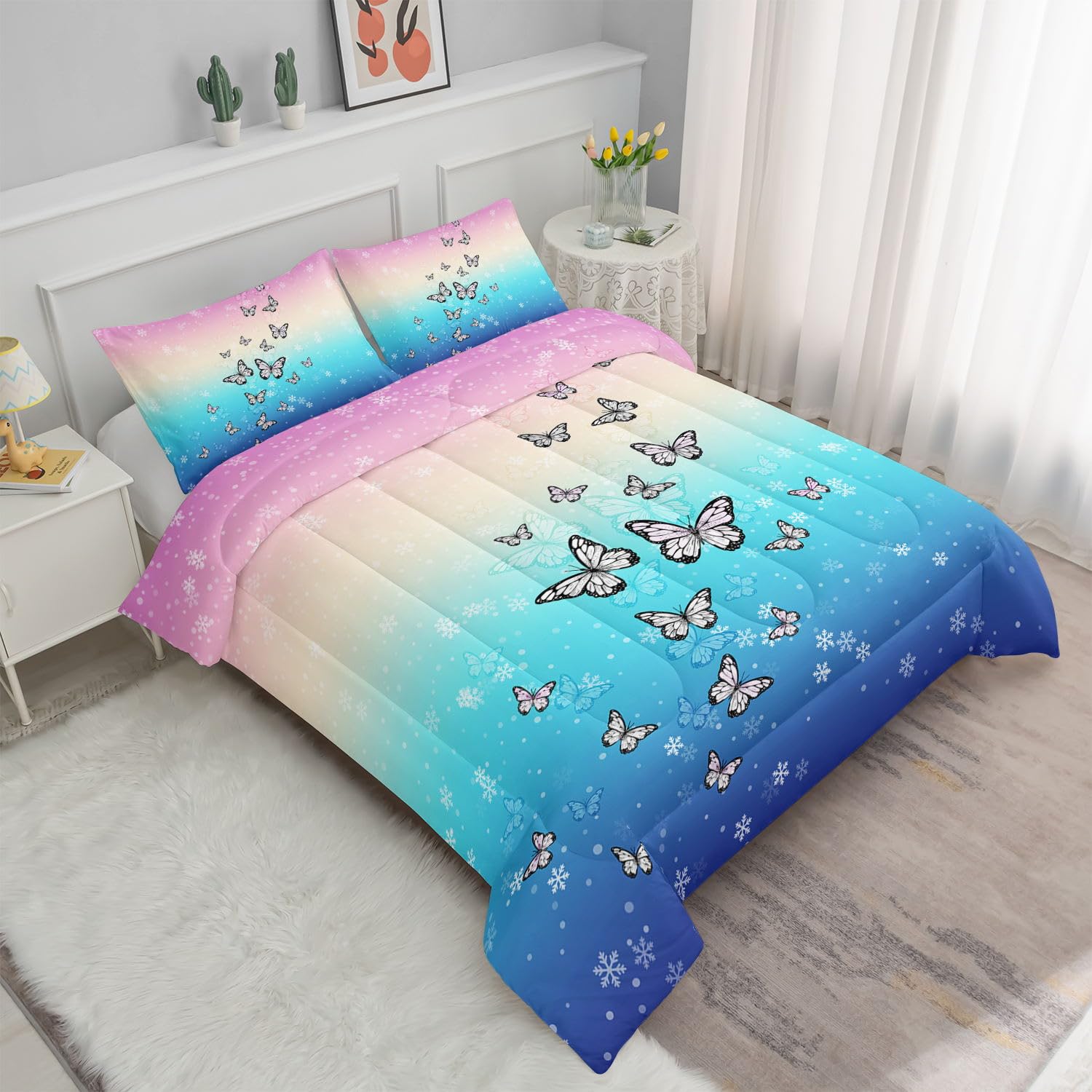 Datura home Butterfly Bedding Comforter Set Blue Pink Butterfly Printed Pattern Quilt Bedding Set with 1 Comforter and 2 Pillowcases for Girls and Boys Bedroom All Season(Butterfly3 Twin)
