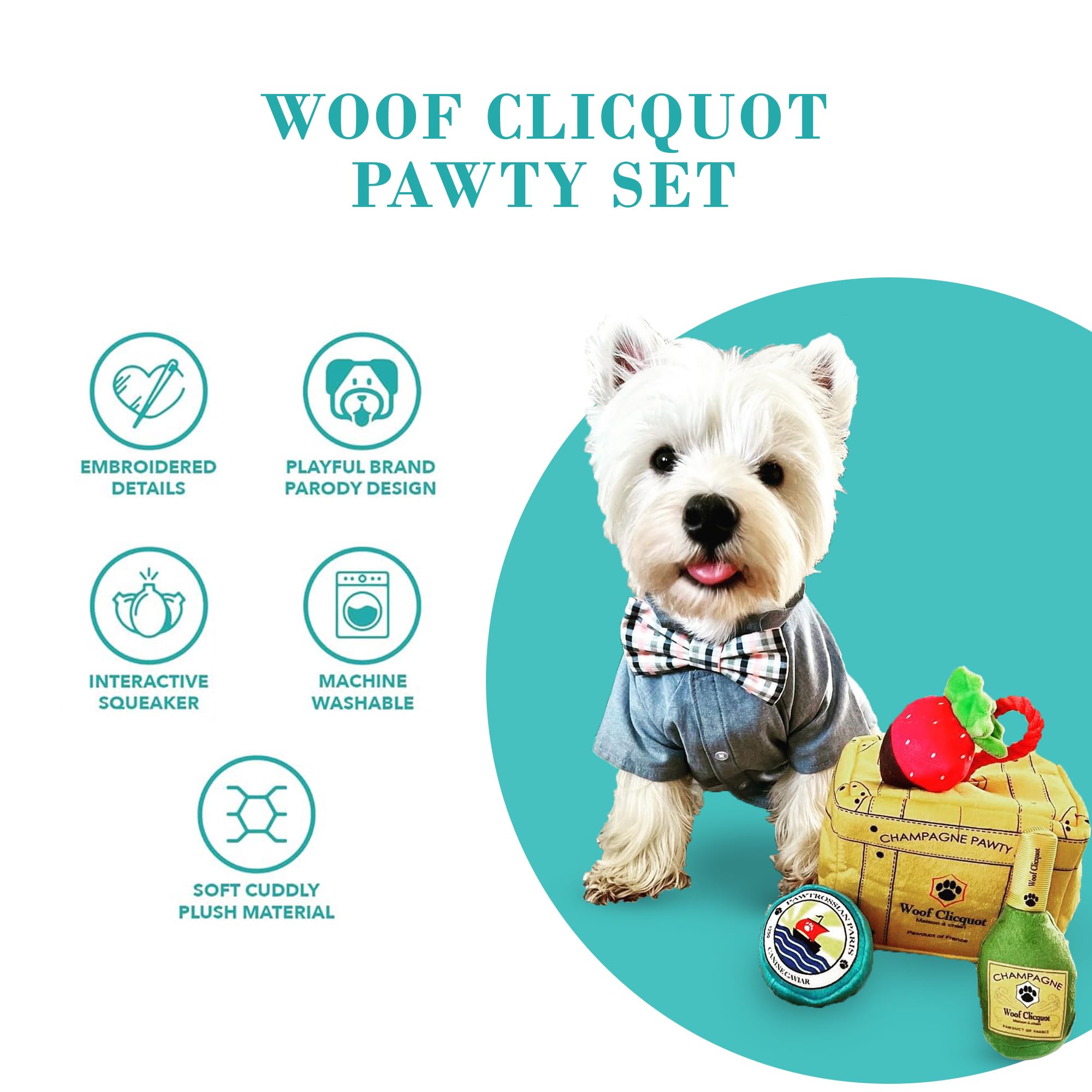 Haute Diggity Dog Woof Clicquot Pawty Ensemble de jouets en peluche pour chien avec couineur interactif, stimulant l'enrichissement des animaux de compagnie, lavable en machine et matériaux sûrs pour
