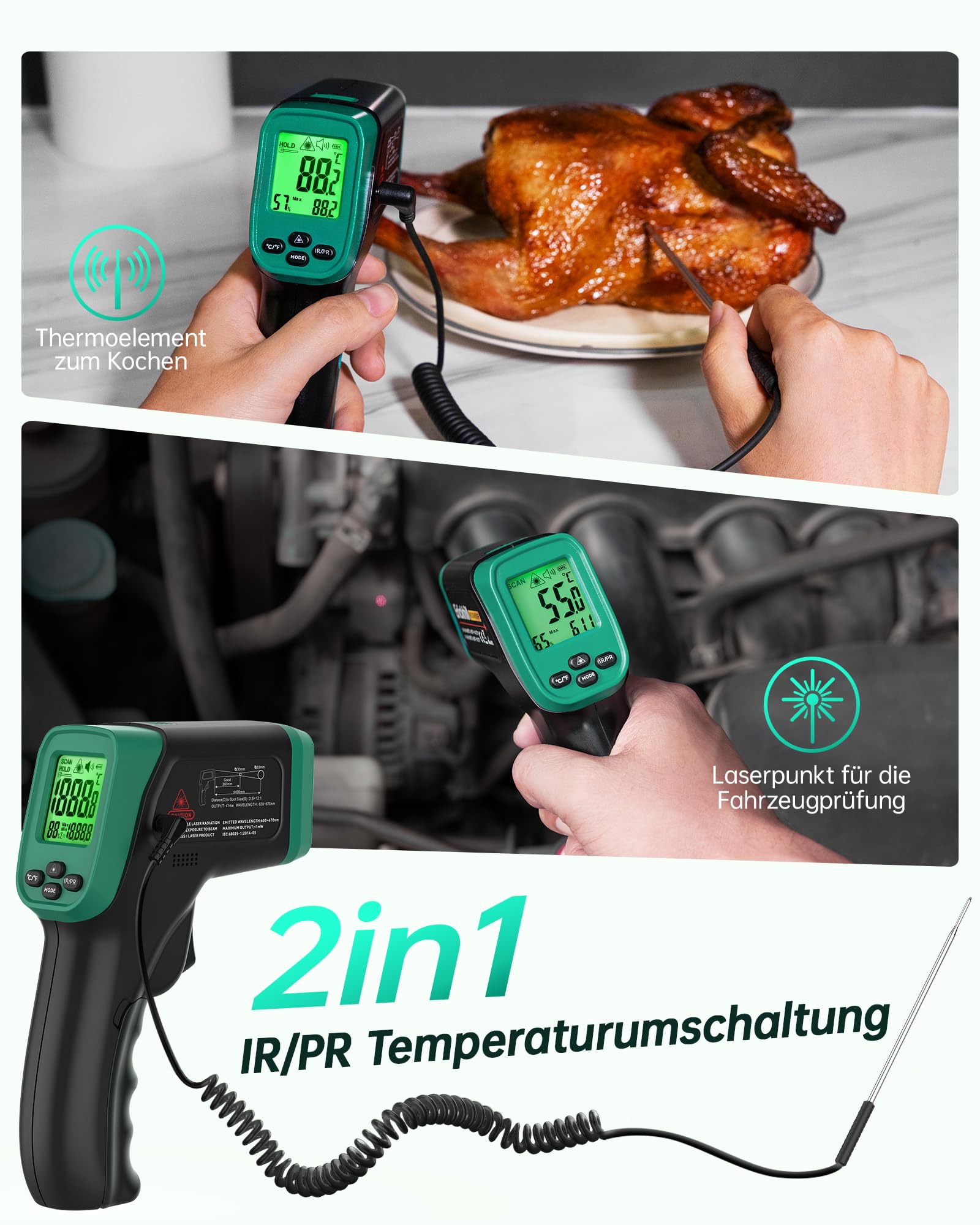 ERICKHILL Infrarot-Thermometer -50°C bis 800°C, berührungsloses digitales Laserthermometer mit -50°C bis 300°C Fleischsonde, einstellbarer Emissionsgrad – geeignet zum Kochen/Grillen/Einfrieren