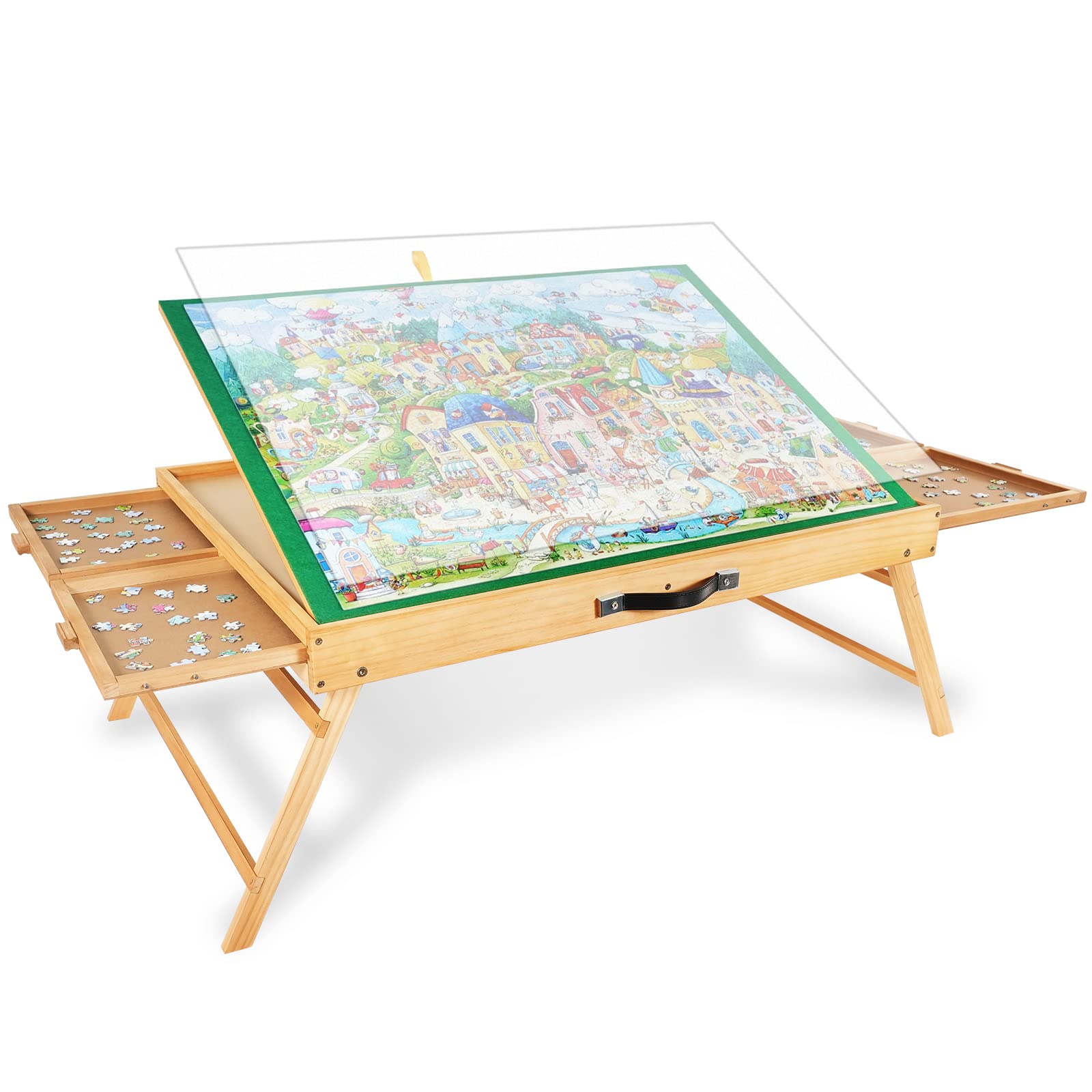 1500PCS Portable Puzzle Table with Legs, 25"x34"Adjustable Jigsaw Wooden Puzzle Board with 4 Drawers & Cover Birthday Gift for mom, 3-Tilting-Angle Jigsaw Puzzle Table for Adults