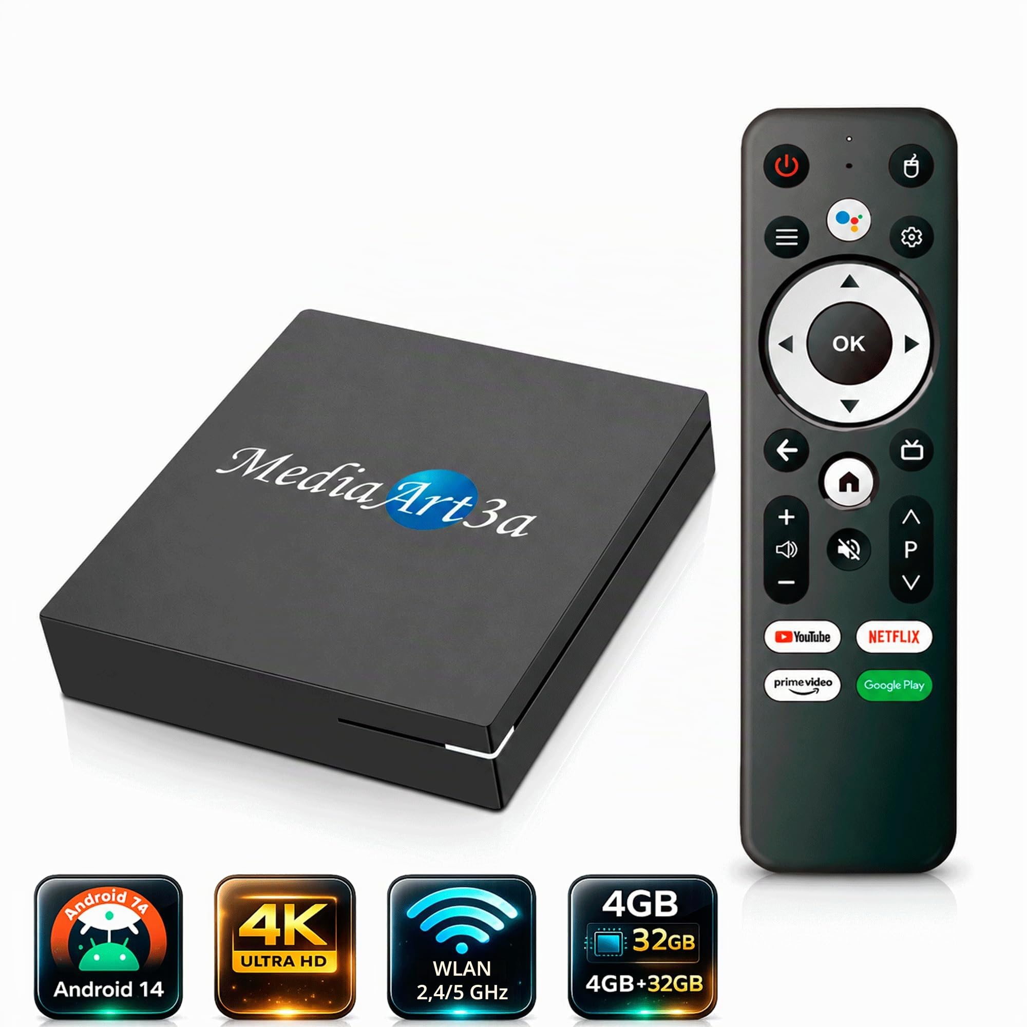 Mediaart-3a Pro 4K Android TV Box (4GB RAM + 32GB) Streaming Smart TV Box Quad Core, Rockchip 3518 Dual WLAN 2.4G/5G 4K 60fps Media Player YouTube, Browser HDMI 2.0, Ethernet-Anschluss (RJ45), WiFi